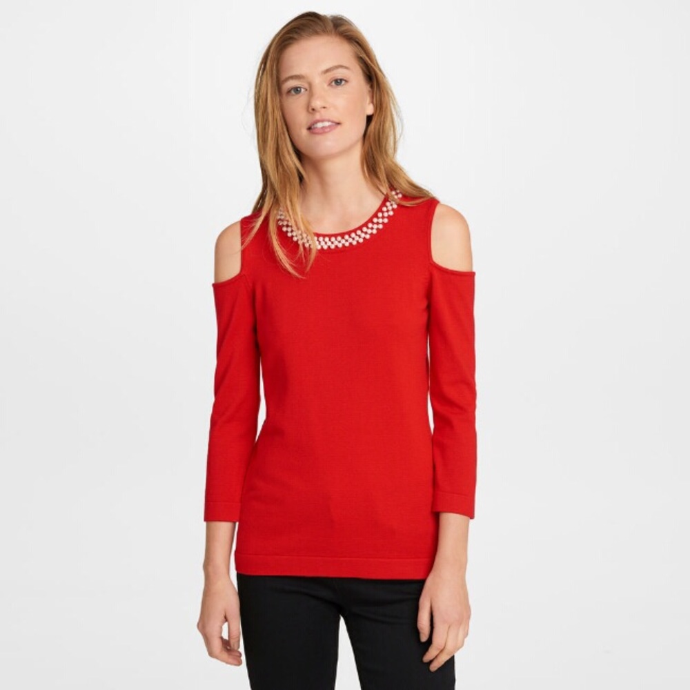 Karl Lagerfeld PEARL NECK COLD SHOULDER TOP - Picture 1 of 6